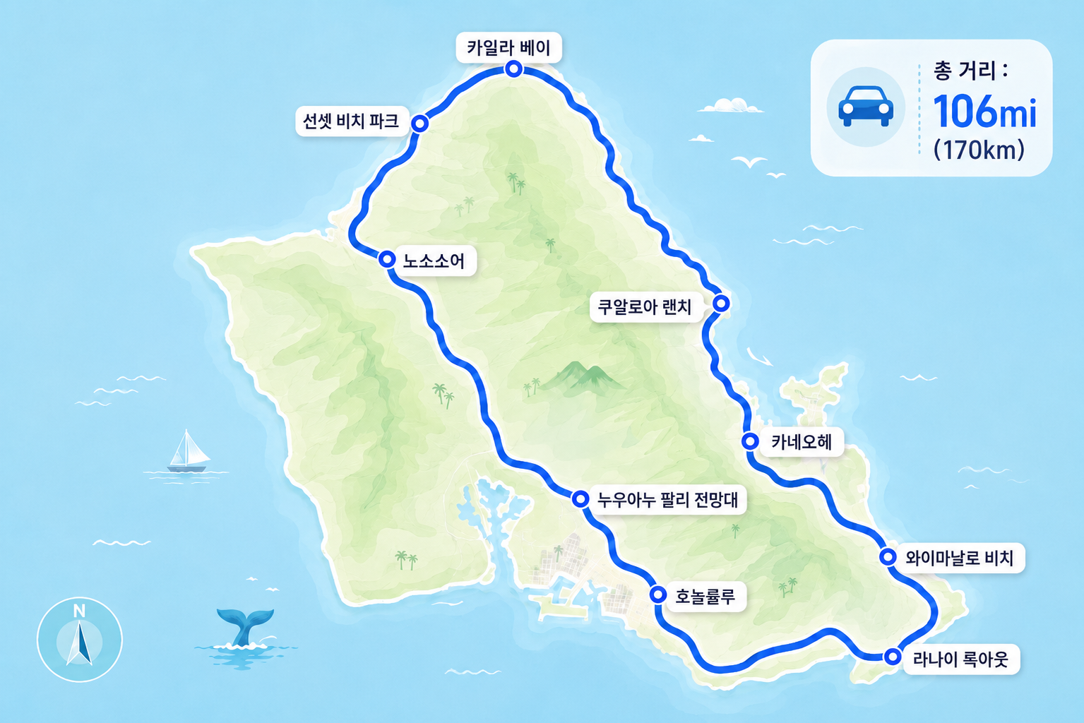 오아후 핵심 드라이브 코스 지도