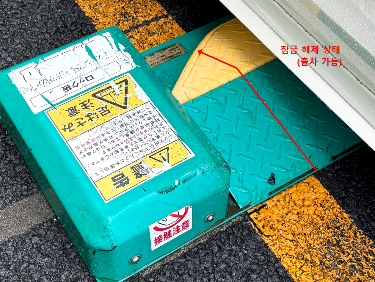 일본 코인파킹 잠금판(ロック板) 잠금 해제 상태 — 출차 가능 | 일본 렌트카 주차 가이드