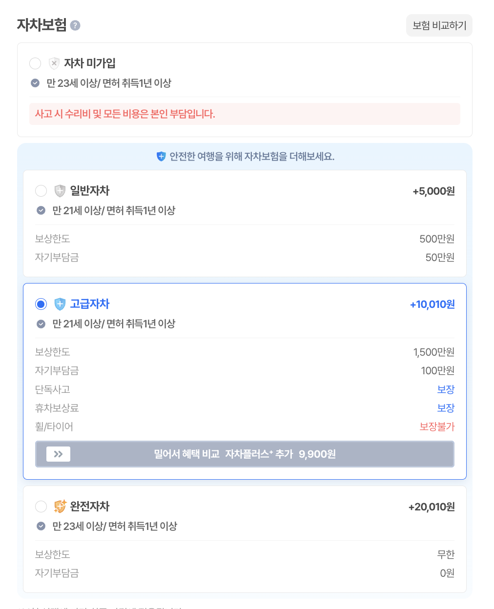 카모아 제주 렌트카 예약 화면 — 자차 미가입·일반자차·고급자차·완전자차 등급별 보상한도·자기부담금·단독사고·휴차보상료·휠타이어 보장 여부와 추가 요금