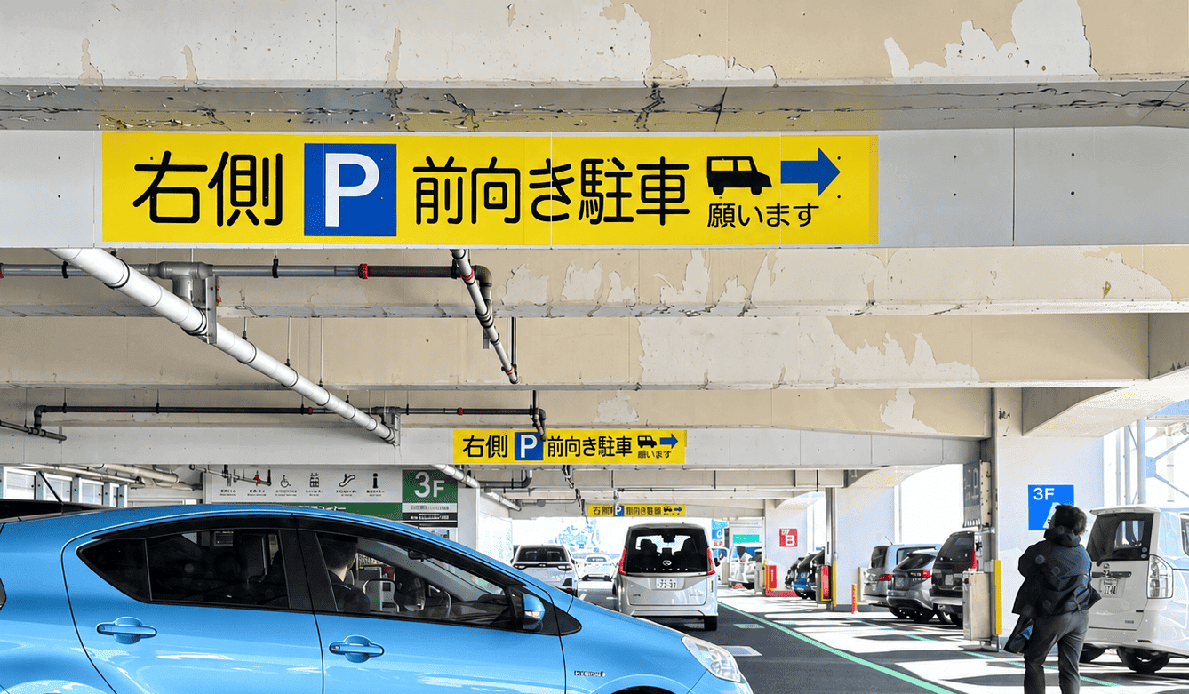 일본 주차장 천장의 '右側 前向き駐車 願います' 전면 주차 안내 표지판 | 일본 신호등·표지판 가이드